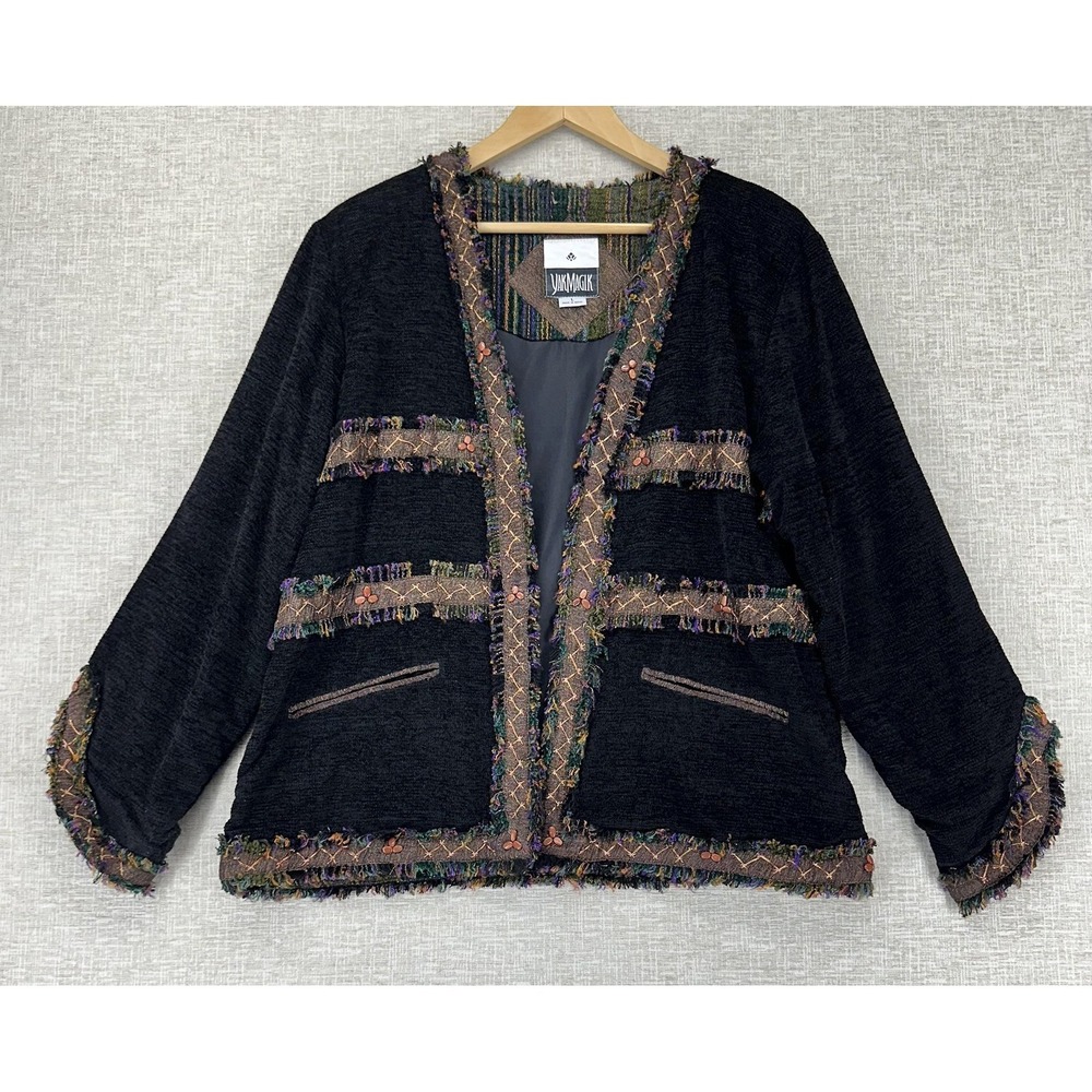 Yak Magik Jacket Womens Large Black Multicolor Boho Open Front Nepal Fringe Trim